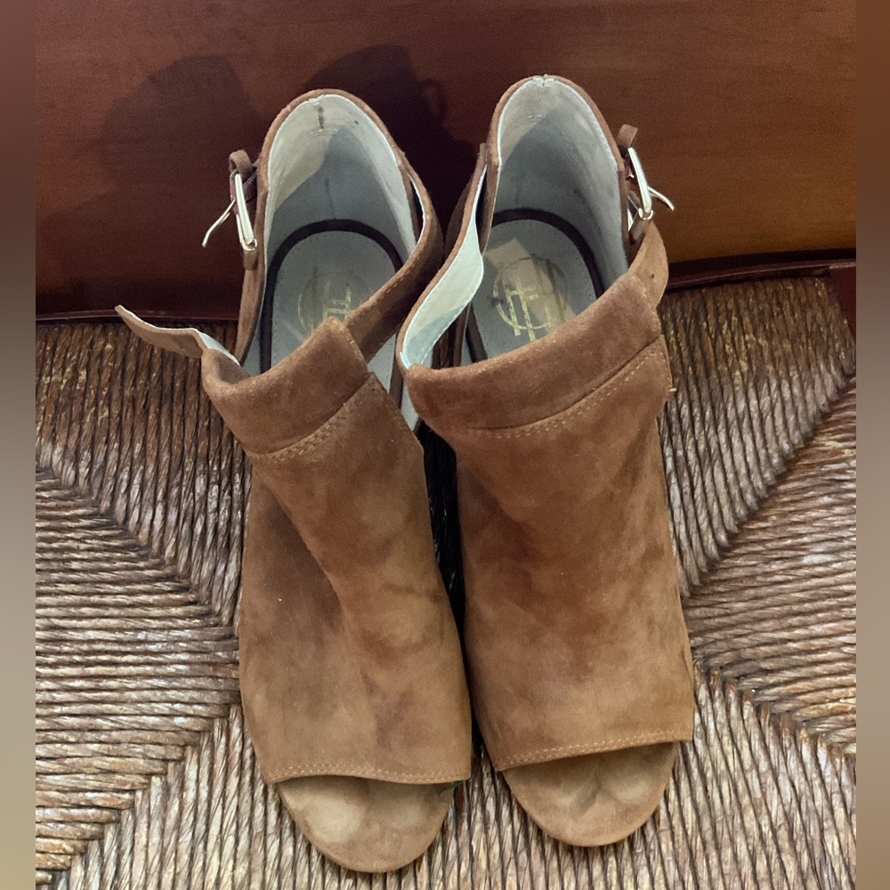 Brown Suede Open Toe Side Cutout Booties